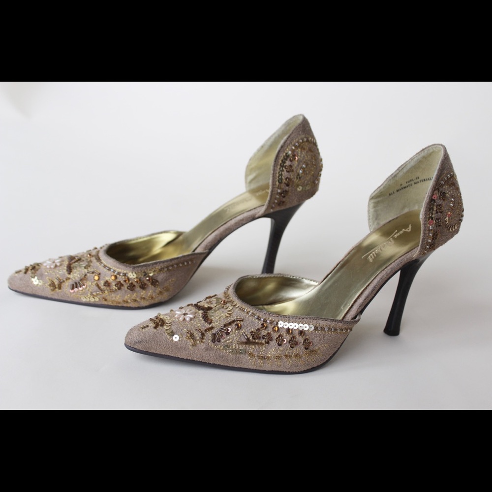Anne Michelle Beaded Pointed-Toe D’Orsay Heels